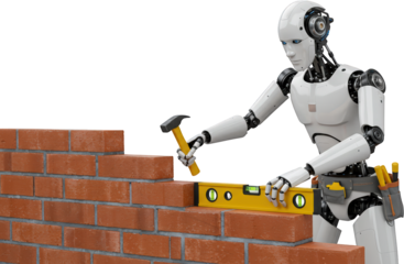 Futuristic Robot Construction Worker Building Brick Wall with Tools