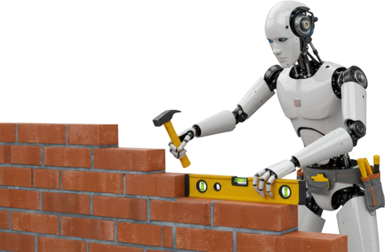Futuristic Robot Construction Worker Building Brick Wall with Tools