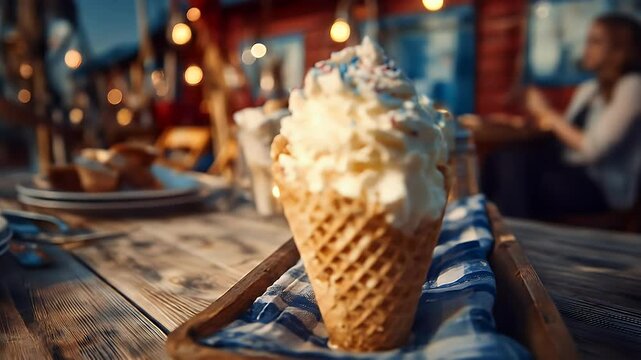 Creamy ice cream cones with sprinkles outdoor setting