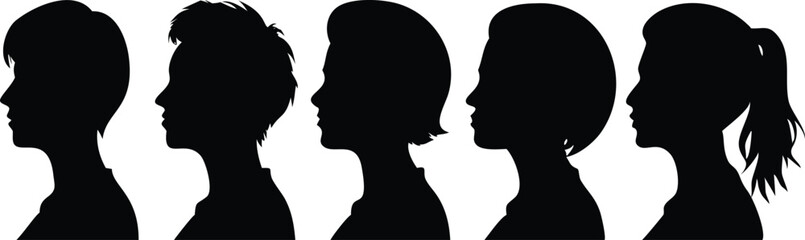 Diverse group of women show different hairstyles in silhouette on a clean white backdrop
