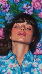 Woman resting, floral backdrop