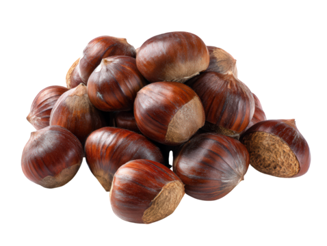 Pile of whole chestnuts in shell, showcasing their rich brown color and smooth texture, evokes sense of warmth and comfort, perfect for autumn recipes and gatherings