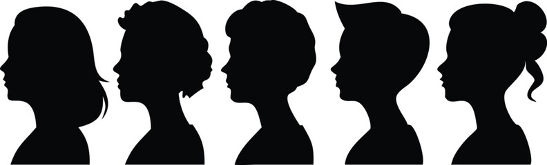 Diverse women's silhouettes show unique hairstyles and necklines in black profile shapes