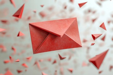 Red Paper Envelope Falling Amidst Abstract Geometric Shapes Digital Communication Concept