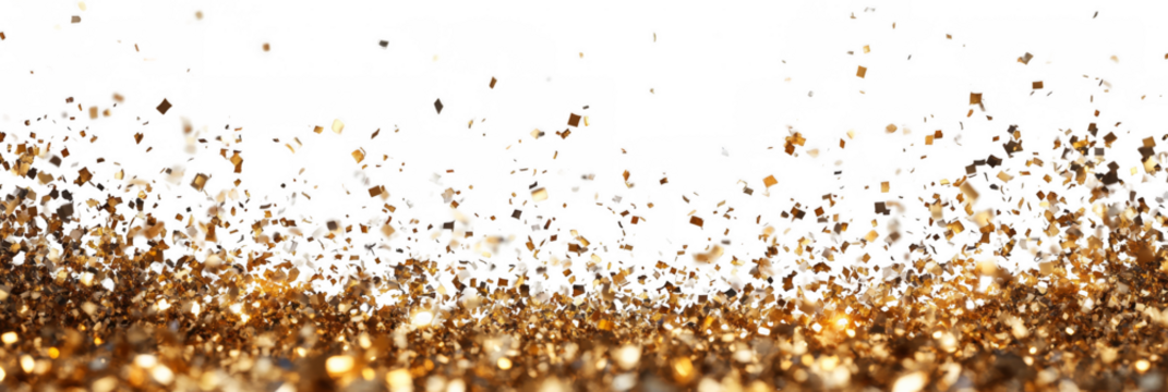 Sparkling gold glitter and confetti falling against a black background, creating a festive and luxurious atmosphere.