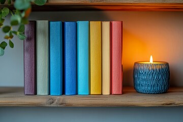 Colorful Bookshelf Decor Cozy Reading Nook with Lit Candle and Varied Spine Colors
