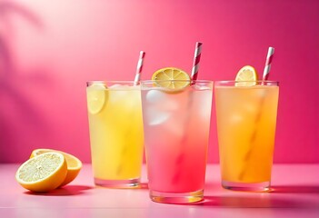 Colorful summer lemonade cocktails with fruit, ice, and striped paper straws. Refreshing pastel beverages on pink background. Perfect for party themes, menus, or promotions.