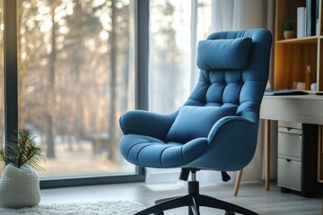 Comfortable Blue Swivel Office Chair Near Window Home Office Workspace