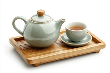 Elegant Green Tea Set on Bamboo Tray Teapot Cup and Saucer