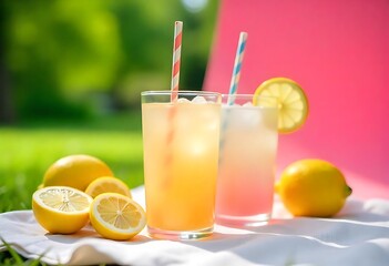 Colorful summer lemonade cocktails with fruit, ice, and striped paper straws. Refreshing pastel beverages on pink background. Perfect for party themes, menus, or promotions.