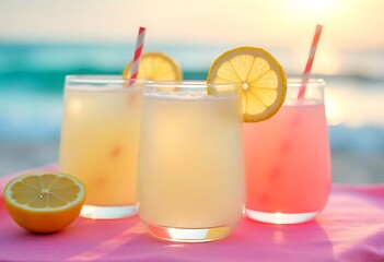 Colorful summer lemonade cocktails with fruit, ice, and striped paper straws. Refreshing pastel beverages on pink background. Perfect for party themes, menus, or promotions.
