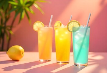 Colorful summer lemonade cocktails with fruit, ice, and striped paper straws. Refreshing pastel beverages on pink background. Perfect for party themes, menus, or promotions.