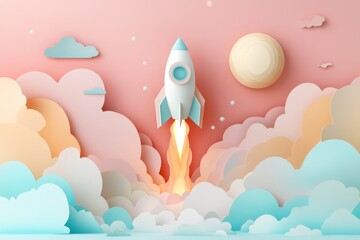 Pastel Papercut Rocket Launching into Sky Startup Dreams Imagination Success
