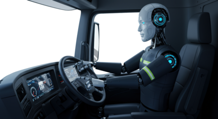 Autonomous Robot Driver Operating Modern Truck Cab AI Technology