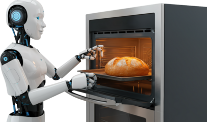 Robot Chef Baking Fresh Artisan Bread in Smart Oven Futuristic Kitchen Technology