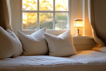 Cozy Window Seat with Textured Pillows Soft Lighting and Autumnal View