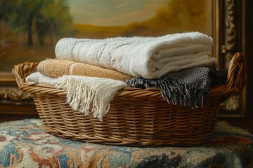 Soft Towels in Wicker Basket Cozy Home Spa Relaxation Stacked Bath Linen