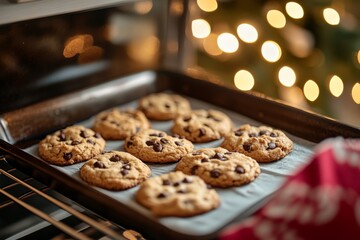 Warm Chocolate Chip Cookies Baking Tray Oven Christmas Lights Festive Treats