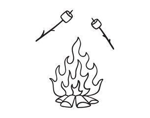 Camp marshmallow smore, Roast marshmallows over a campfire icon doodle hand drawn. Outline line drawing clipart symbol