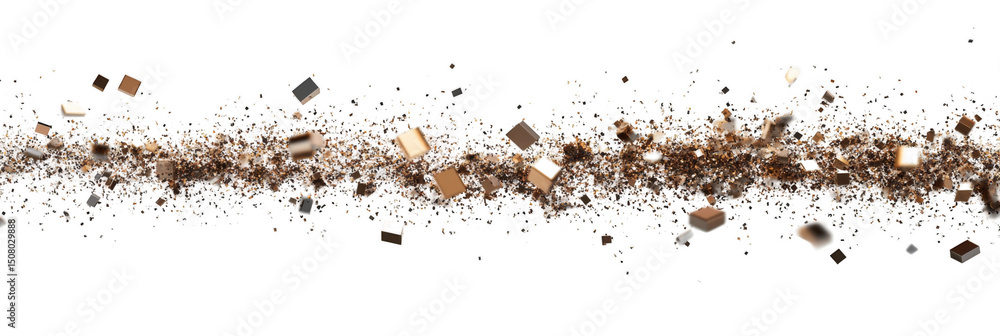 Poster shattered golden and metallic pieces scatter dynamically in a horizontal burst.