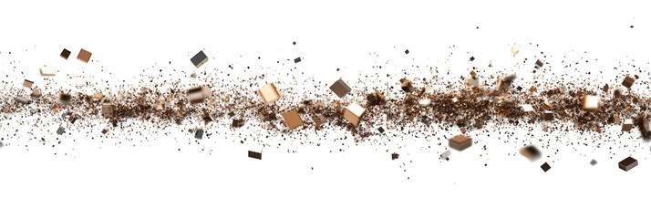 Shattered golden and metallic pieces scatter dynamically in a horizontal burst.
