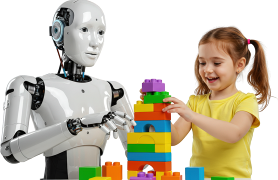 Child and Robot Building Blocks Together STEM Education AI Future Technology