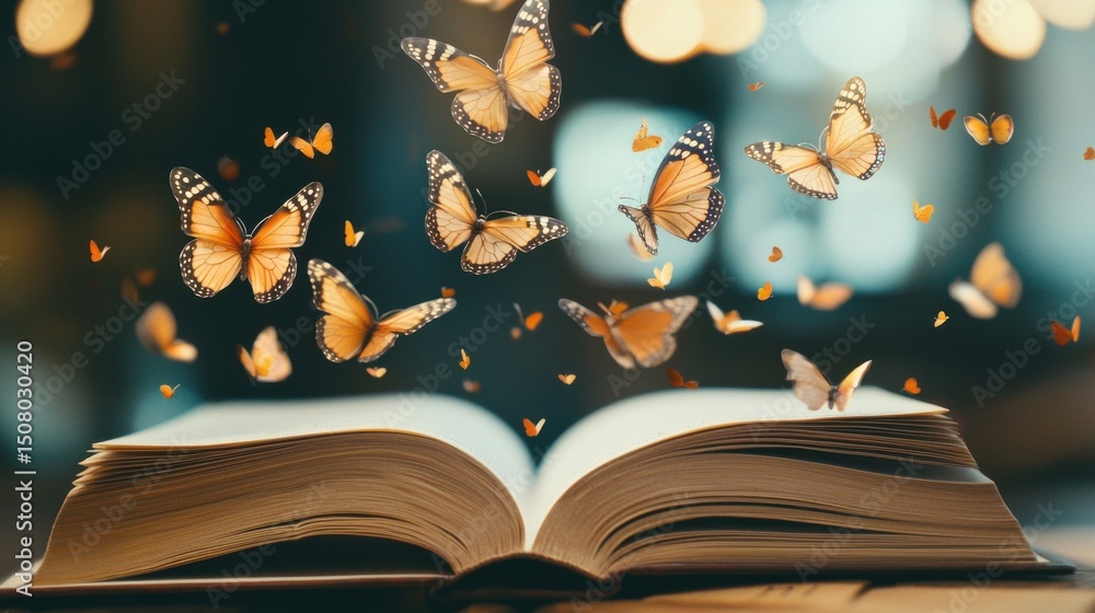 Aufkleber an open book with a swarm of delicate colorful butterflies seemingly emerging from its pages creatin