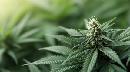 Cannabis and mental health concept. Lush green cannabis plant with detailed leaves and buds.