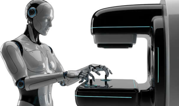 Advanced humanoid robot operating futuristic technology console