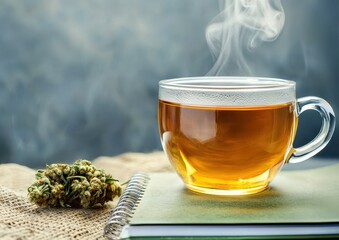 Cannabis and mental health concept. Steaming cup of tea beside herbs on a textured surface.
