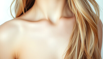 Close up of fair skinned woman's chest and shoulder with blonde hair