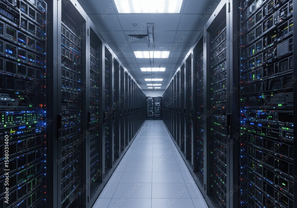 Poster data center hallway with rows of server racks and blinking lights