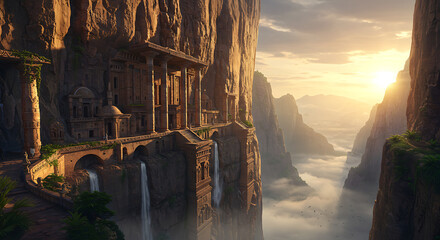 Majestic Cliffside Temple at Sunrise Fantasy Architecture Epic Landscape