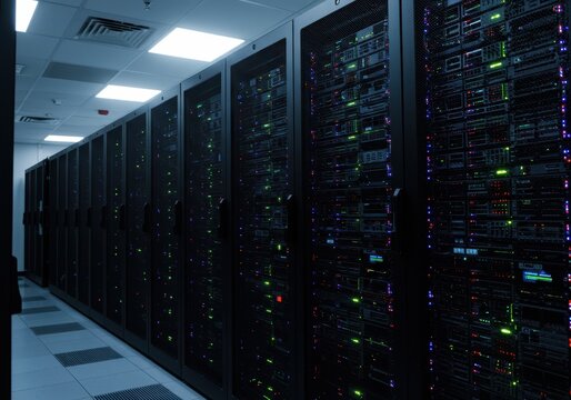 Data center with server racks and blinking lights showing data processing activity