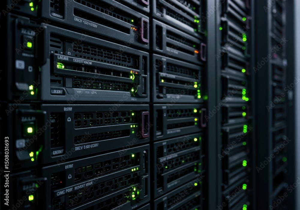Poster server racks with green lights indicating operation in a data center environment