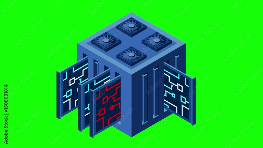 Poster Isometric futuristic server animation. Isometric database or data center. Abstract blockchain. Computer storage. Cloud storage. 4K video animated in isometric style