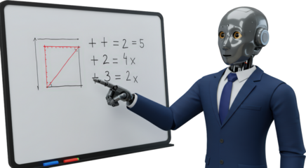 Robot Teacher Explaining Math Equations on Whiteboard Artificial Intelligence Education Concept