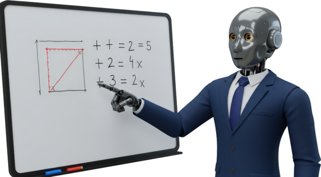Robot Teacher Explaining Math Equations on Whiteboard Artificial Intelligence Education Concept