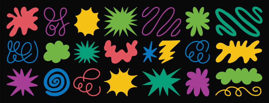  Groovy funky abstract elements trendy funky set. Star, flower, cloud shape, line sticker pack, waves. Trendy retro 60s 70s 90s 00s cartoon style.