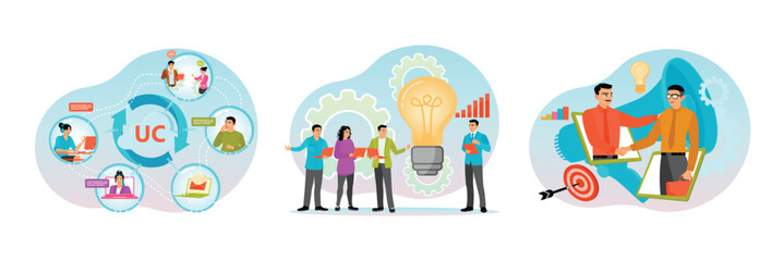 Naklejka premium Unified Communications Platform. Discussing Innovative Ideas. Shaking Hands in Virtual Meeting.