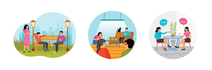 Chatting on a Park Bench. Group of Friends Talking. Drinking Tea and Conversation at Modern Cafe.