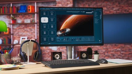 Computer screen with AI program turning text prompt into videos results. Display in apartment...