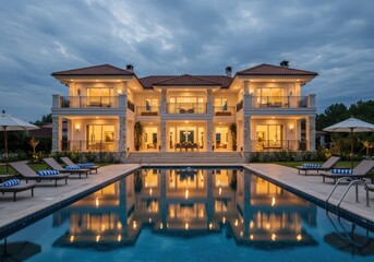 Fototapeta premium Luxury villa with swimming pool reflecting the sky at twilight