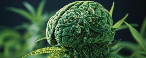 Cannabis and mental health concept. Unique cannabis plant with intricate textures and vibrant green colors against a dark background.