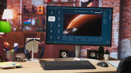 Computer in apartment office with generative artificial intelligence website generating videos...