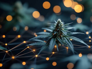 Cannabis and mental health concept. Close-up of cannabis plant with a blurred background of glowing lights.