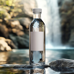 glass bottle of mineral water spring in a waterfall over rocks