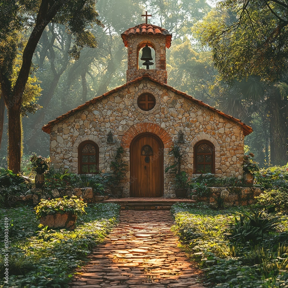 Poster rustic stone chapel nestled within a serene forest. sunlight streams through the trees, illuminating