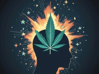 Cannabis and mental health concept. A silhouette of a head with a cannabis leaf, surrounded by colorful bursts and stars.