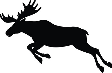 Majestic moose gracefully leaps forward in bold silhouette against the pristine white background